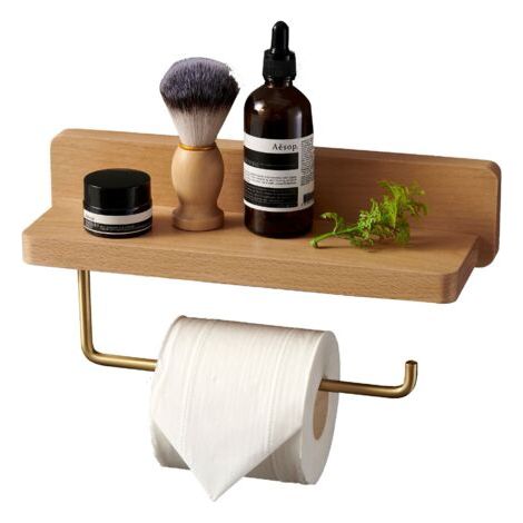 Devidoir Porte Papier Toilette Double Installation Bois Massif Hêtre Dérouleur Support Papier WC Mural Auto-adhésif Coins Arrondis Porte Rouleau de Papier Décor pour la Salle de Bain Cuisine (Hêtre,) (1/5)