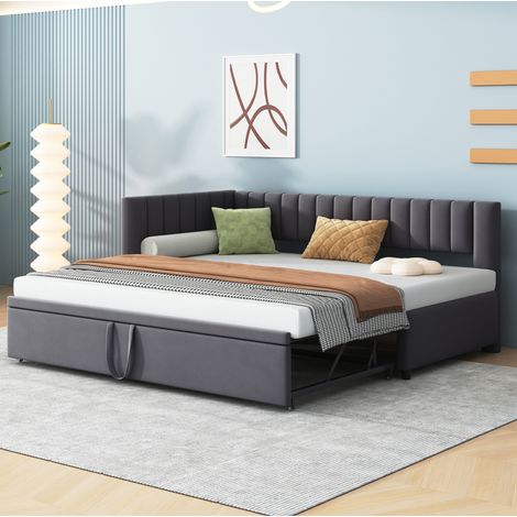 MEUBLIV Canapé lit 90 x 200 cm – Cadre de lit d'angle avec lit gigogne – Velours Tête de lit confortable – Design moderne – gris (1/5)