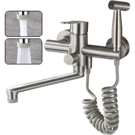 Rubinetto da cucina a parete in acciaio inox 304 – Finitura nichel spazzolato – Pistola a spruzzo ad alta pressione – Girevole a 360° – Sistema di risparmio idrico (1/5)