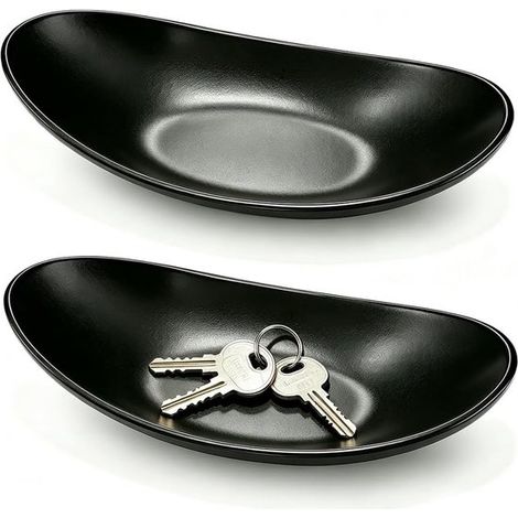 Bandeja decorativa ovalada, cuenco negro de 2 piezas para llaves, bandeja para collares, llaves de tienda, monedas, joyas, aperitivos y fruta (1/5)