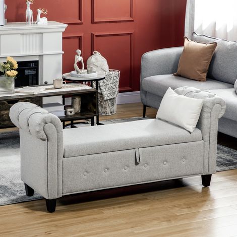 HOMCOM Banqueta Pie de Cama con Almacenamiento y Reposabrazos para Dormitorio Salón Pasillo 146,5x49x74,5 cm Gris Claro (1/5)