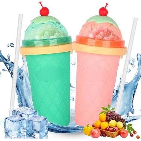 Lot de 2 gobelets à granité à faire soi-même, gobelets en silicone à presser avec paille et cuillère 2-en-1, gobelet malaxeur pour smoothies, coupes à glace, à faire soi-même (1/5)