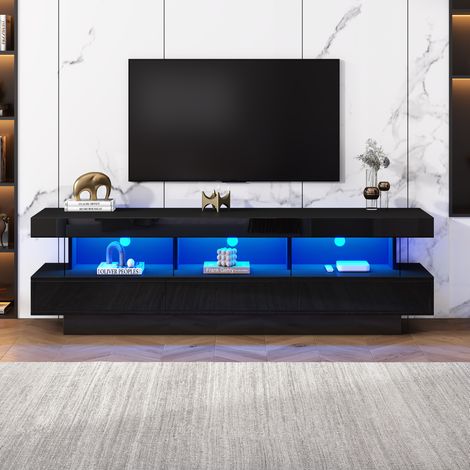 Mobile TV 160 x 38 x 50,5 cm con LED, 3 ripiani in vetro, nero lucido HAVRYA (1/5)