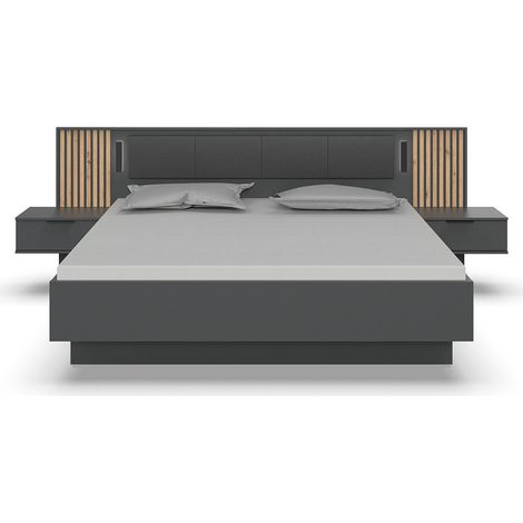 Pegane – Lit adulte double 180 x 200 cm – 2 chevets graphite – Panneaux mélaminés imitation chêne – Longueur 301 cm x Hauteur 104 cm x Profondeur 210 cm (1/5)