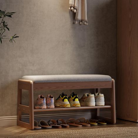 Padded Shoe Bench, Solid Wood Storage Bench, Hidden Storage, 2 Tier Shoe Rack, Entrance Cabinet, Cotton Linen Seat Cushion, 30 x 80 x 40 cm, Walnut (1/5)