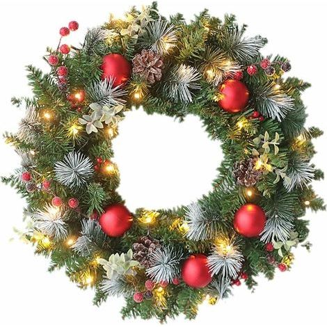 Couronne de Noël pour porte d'entrée avec 20 LED, guirlande lumineuse en PVC, alimentée par piles, guirlande lumineuse rouge et verte pour porte d'entrée avec nœud papillon, boules de Noël, baies, (1/5)