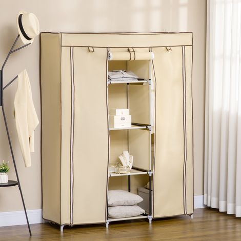 Armoire rangement beige 125x46x162.5cm, 8 tablettes + 2 barres, rideau enroulable, penderie pour vêtements
