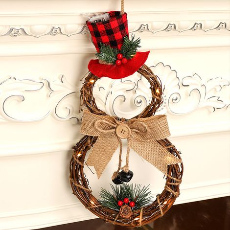 Weihnachtskranz, Türdekoration, Anhänger, Weihnachtsdekoration für draußen, Tannengirlande, Dekoration für Ihre Tür, Wand oder Fenster, Wandkamin, Rattan + LED-Lampe + Sackleinen, schwarz-rot kariert
