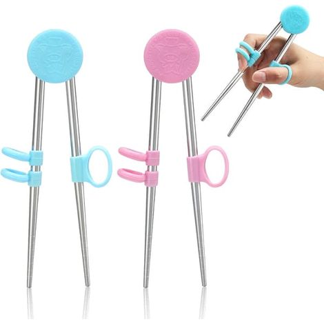 2 paires de baguettes d'apprentissage pour enfants et adultes, baguettes en acier inoxydable, baguettes en métal réutilisables (bleu, rose) (1/4)