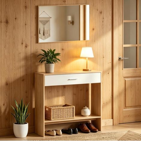Consolle d'ingresso con specchio, 91,5 x 27,9 x 85,5 cm, rovere e bianco HAVRYA (1/5)