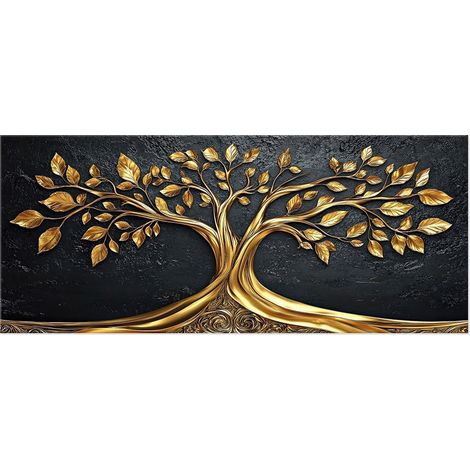 Lupia - Quadro moderno Canvas Prime TREE GOLD BLACK 38x90 cm, Stampa su Tela effetto Pennellate tridimensionale, Albero della Vita, Telaio in Legno, soggiorno capezzale camera da letto ufficio