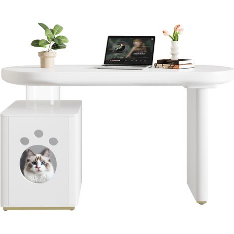 Bureau épaissi – 117 × 50 × 76 cm, entièrement laqué, courbes arrondies, pieds de 5 cm d’épaisseur pour la stabilité et la modernité, style français blanc (1/5)