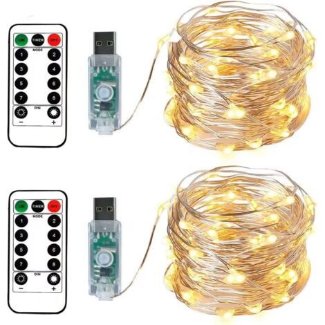 Lichterketten, 100 LEDs, 10 Meter, warmweißes Silberkabel, USB-Stecker mit Fernbedienung, Sternenlicht für Weihnachten, Partys und Hochzeitsdekoration