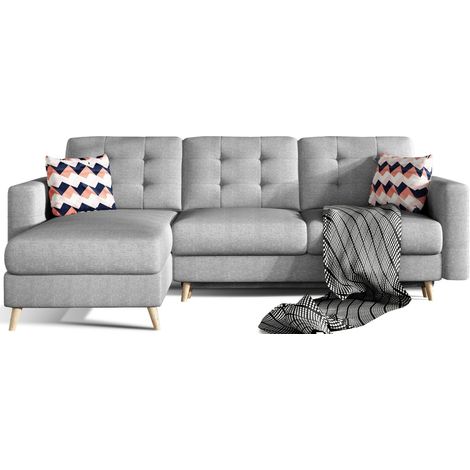 Divano ad angolo convertibile HASGARD 3 posti grigio 248x162 cm - con contenitore e piedi in legno