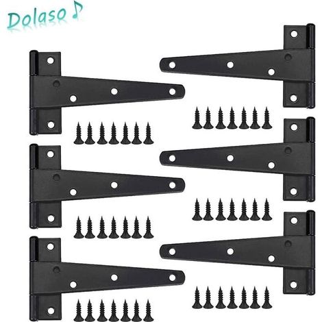 Charnière en T Noire 15cm, Lot de 6 Charnières Porte Lourde en Fer, Paumelles Robustes Inox, Charniere Plate pour Porte Épaisse, Accessoires Quincaillerie Résistants (1/4)