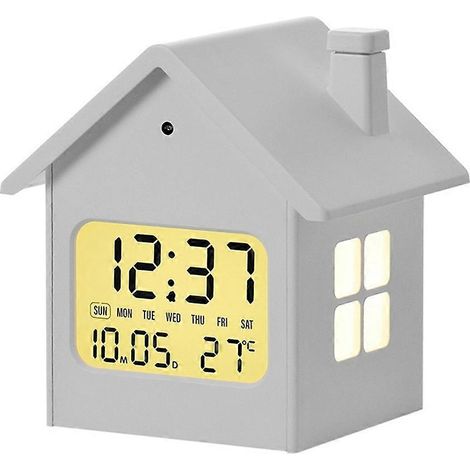 Réveil de chevet multifonctionnel pour enfants avec veilleuse et écran LCD, dessus blanc, design maison (1/5)