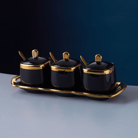 Sucrier noir avec couvercle et cuillère, pots à épices en céramique, pot à épices avec bol, sucrier et salière, pots à épices dorés, pots, boîte à épices, ensemble de 3 pour la cuisine ou le coin café (1/4)