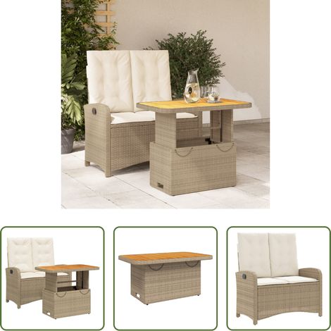 vidaXL Table de jardin relevable - Ensemble à manger de jardin et coussins 2 pcs beige poly rotin (1/5)