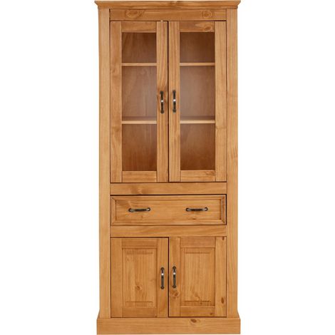 Vitrine en pin naturel avec 2 portes en verre – Étagères réglables – Poignées en métal vieilli – Style moderne pour salon (1/5)