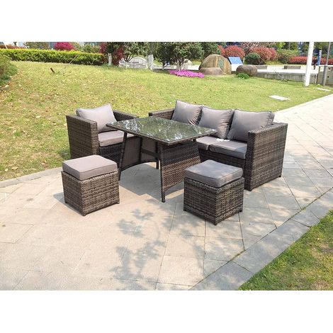 Fimous 6 Seater Rattan Sofa Set Dining Table Chair Stool Garden Furniture Outdoor (1/2)