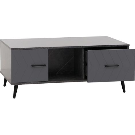 [NEUWERTIG] Couchtisch HHG-694, Sofatisch, Schubladen Türen Fächer Fischgrätenmuster Melamin Holz, 42x103x60cm Marmor-Optik grau