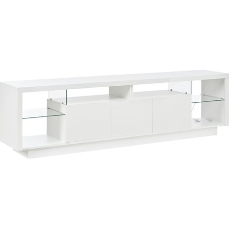 Meuble TV moderne blanc avec trois portes laquées et étagères en verre transparent, éclairage LED multicolore contrôlable par application (1/5)