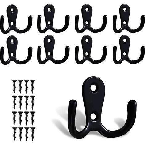 10 Doppelhaken-Garderobenhaken, schwarze, verstärkte Zinklegierungs-Garderobenhaken, geeignet für Badezimmer und Küchen, Wandhaken und Garderobenständer, mit Schrauben.