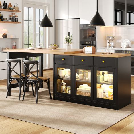 Îlot de cuisine extensible，îlot cuisine multifonction 120–200 cm avec éclairage LED, 3 tiroirs et portes vitrées, contrôle par application, noir