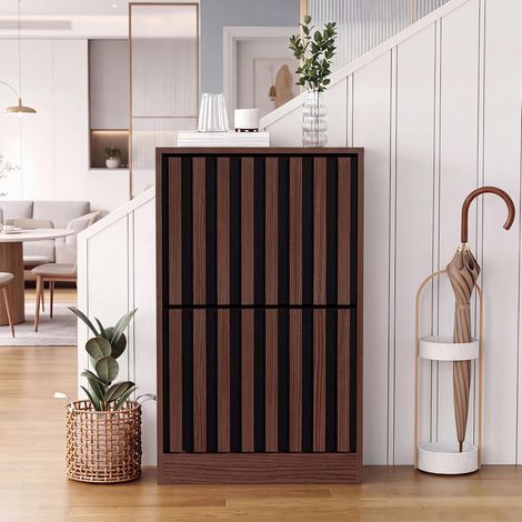 UEV Armoire à Chaussures avec 2 Abattants, Meuble à Chaussures Inclinable, Étagère Réglables et Amovibles, Motif en Ligne, pour Entrée, Couloir, Salon, 50x24x86,5cm, Marron et Noir