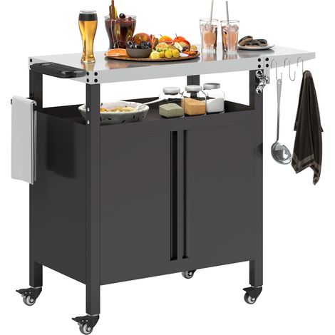 Carrello per barbecue con vassoio in acciaio inox, ripiano pieghevole e ganci, 116 x 50 x 93 cm, nero