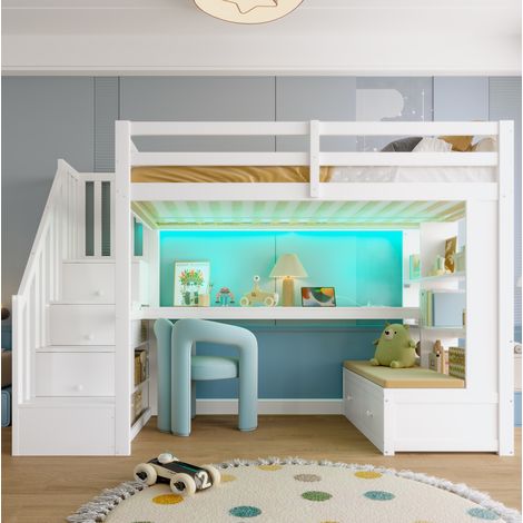 Letto a soppalco bianco 90x200 cm in pino, con scrivania, ripiani, cassetti e scala contenitore (1/5)