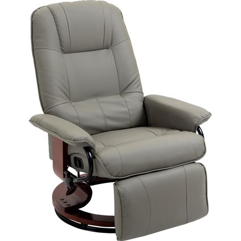 Fauteuil relax inclinable repose-pieds réglable pivotant 360° piètement bois revêtement synthétique gris