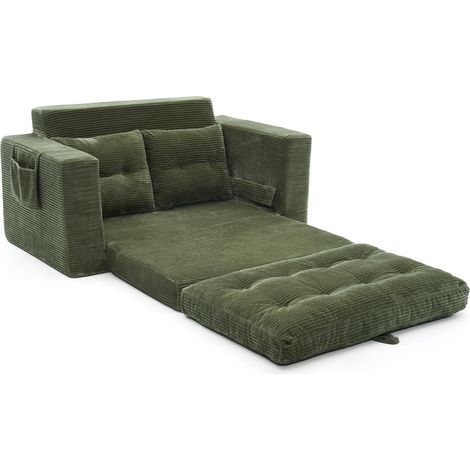 Sofá cama de 2 plazas verde de corduroy con reposabrazos anchos y bolsillos laterales (1/5)