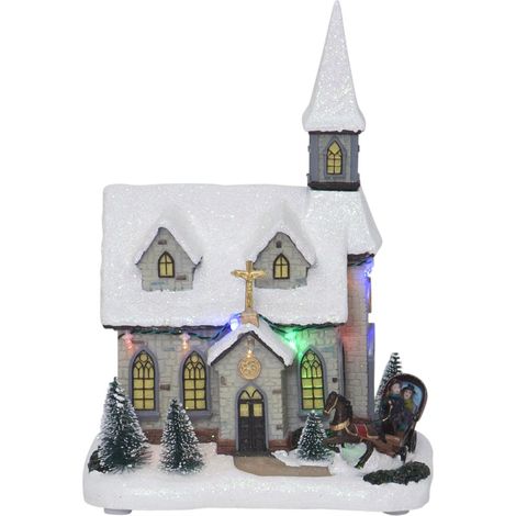 Décor LED Star Trading « Chapelle », église comme boîte à musique + rotation, batterie + minuterie, LED colorées, H 27 cm, L 19 cm (1/4)