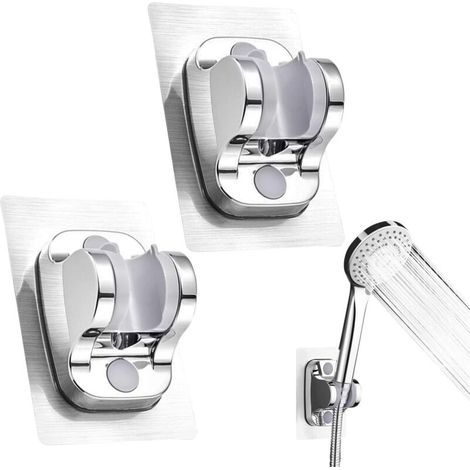 2 Piece Wall Mounted Shower Head Holder, No Drilling Required, Detachable, Adjustable Angle, Waterproof, for Shower Head, Bathroom Accessory, Hotel (Silver) (1/5)