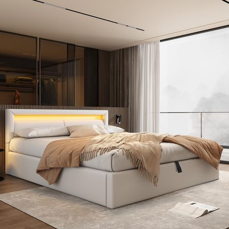 Lit rembourré LED 140x200 cm avec sommier à lattes inclus, coffre de rangement, tête de lit éclairée en PU blanc, sans matelas (1/5)