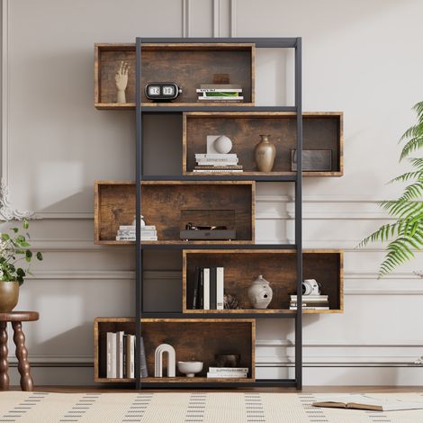 Libreria, 5 livelli, con ripiani, venature del legno marrone con tubo di acciaio nero (1/5)