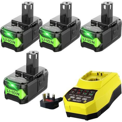 4× P108 18 V 9,0 Ah Ersatzakkus und Ladegeräte, kompatibel mit Ryobi 18 V ONE+ P102, P103, P104, P105, P107, P109 Akkus und P117 und P118 Akku-Elektrowerkzeugen und Ladegeräten. (1/5)