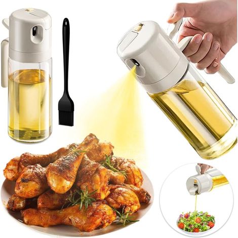 Air Fryer Cooking Oil Spray 550 ml, 2-in-1 Glass Cooking Oil Spray, Cooking Oil Spray with Kitchen Brush, Olive Oil Spray for Cooking, Grilling, Salad (Beige)