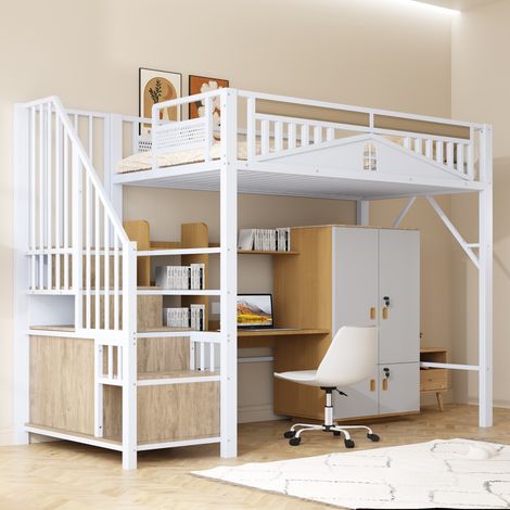 Lit mezzanine métal 90x200 blanc - Garde-corps sécurisé avec fenêtre - Échelle avec rangement intégré (sans Matelas) (1/5)