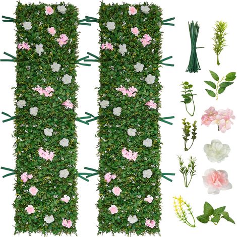 VEVOR Künstliche Hecke 2,4 m x 61 cm 2 Stk., Pflanzenwand, PE-Sichtschutz, Sichtschutzzaun mit Seidenblumen, Heckenzaun, Kunstpflanzen Balkonverkleidung für Hochzeiten, Außengärten, Hinterhöfe (1/5)