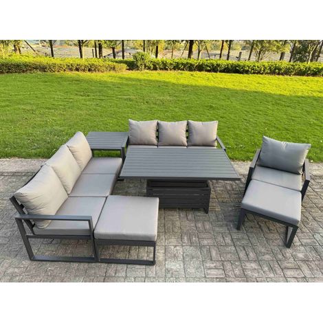 Fimous Garden Aluminium Furniture Set Dark Grey 9 Seater Outdoor Patio Adjustable Rising Lifting Dining Table with 2 Big Footstools Side Table Dark Grey (1/5)