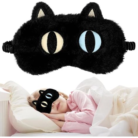Masque de sommeil pour enfants, masque de sommeil en peluche douce, masque de sommeil à imprimé dessin animé, pour femmes, enfants et hommes (chat) (1/2)