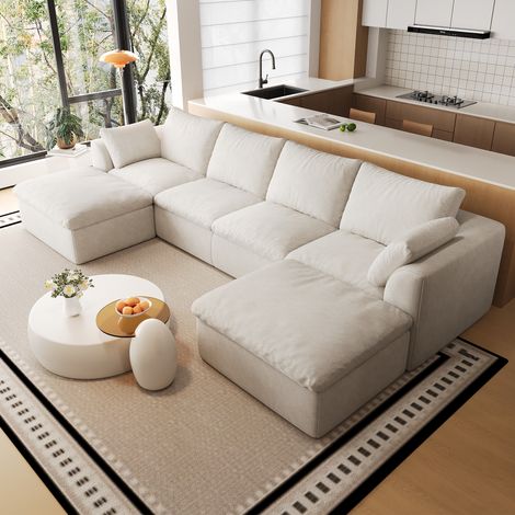 Canapé en U 6 places 310 cm blanc beige en tissu de lin (1/5)