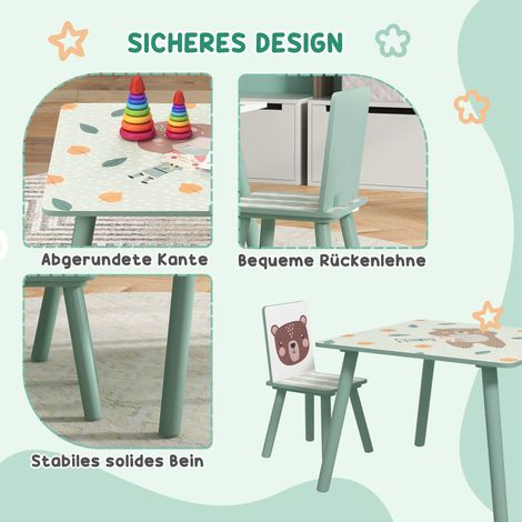 Table enfant 3-8 ans, 1 table & 2 chaises, motif animal mignon, vert (1/4)