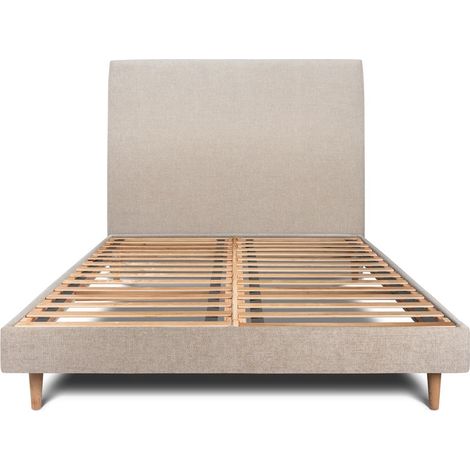 Lit 150x200cm avec tête de lit tapissier tissu et sommier kit beige brun - Hauteur totale : 29cm (1/5)