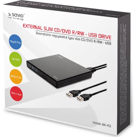 Savio AK-43 optical disc External Slim drive DVD±R/RW CD±R/RW Black unidad de disco óptico DVD±RW Negro (1/5)