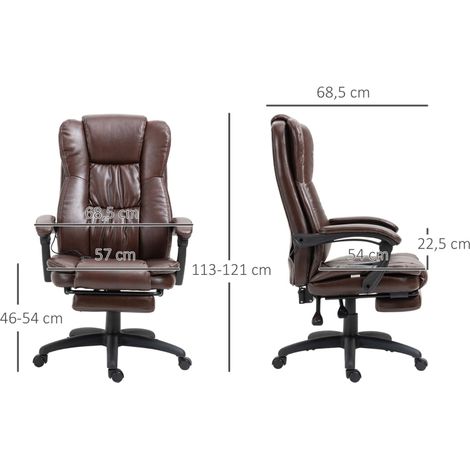 Chaise de bureau 68.5x68.5x113-121 cm marron en simili cuir avec massage, repose-pieds et dossier inclinable (1/3)