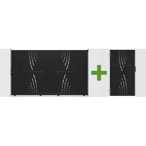 NALI VELETA 3 m Stahl-Schiebetor H.180 cm Schwarz + 180 cm schwarzes Fußgängertor