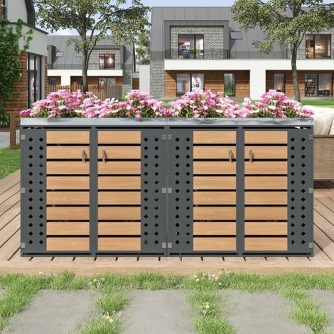 Cache-poubelle extérieur 4 bacs avec jardinière intégrée en acier galvanisé, portes verrouillables, ventilation perforée losange anti-odeur et panneaux imitation bois horizontal (1/5)